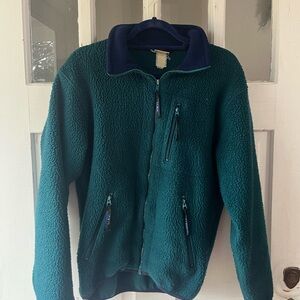 Vintage L.L. Bean Deep Pile Sherpa Fleece Full Zip Green W/ Blue Accent